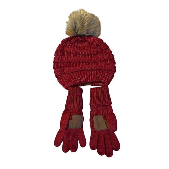 C. C. Exclusives Womens OS Knitted Tobaggan Pom Pom & Glove Set Burgundy Red - Picture 3 of 6